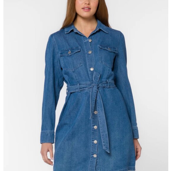 SAHARA CLASSIC INDIGO DRESS DENIM BUTTON DOWN DRESS WITH WAIST TIE LONG SLEEVE - Picture 3 of 5